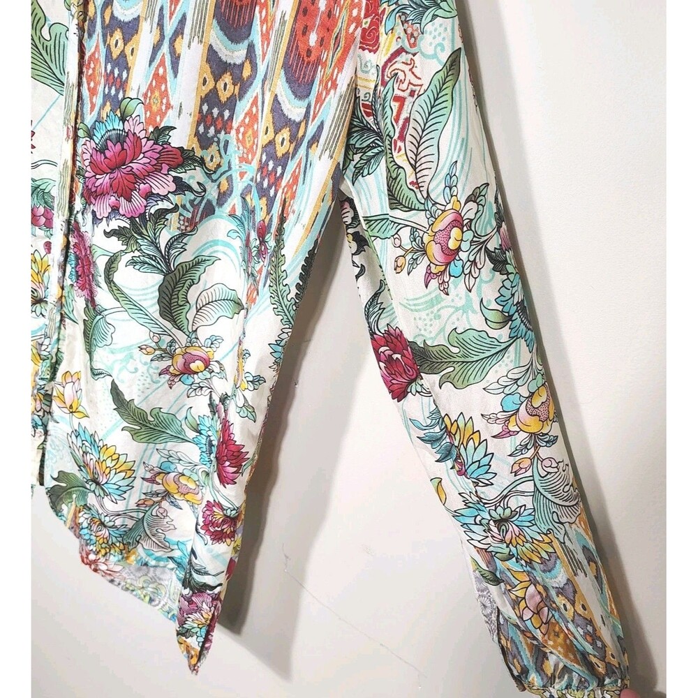 Johnny Was Womens Boho Silk Blouse Size S Floral Patchwork Peasant Art To Wear - Picture 9 of 10